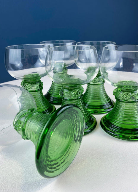 Hand Blown Wine, Water or Margarita Goblets. 6 Clear Bowls with Green Ribbed Stems. Roemer Green by CRISTAL D'ARQUES-DURAND. Wedding Gift.