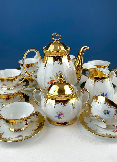 Gold Demitasse Tea Set. Prussian Hand painted Coffee/Tea Pot Sized for Two, with Matching Creamer, Sugar Bowl/Jar & 10 Cups and Saucers.