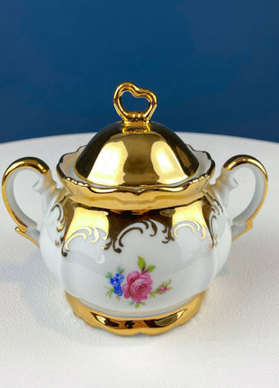 Gold Demitasse Tea Set. Prussian Hand painted Coffee/Tea Pot Sized for Two, with Matching Creamer, Sugar Bowl/Jar & 10 Cups and Saucers.