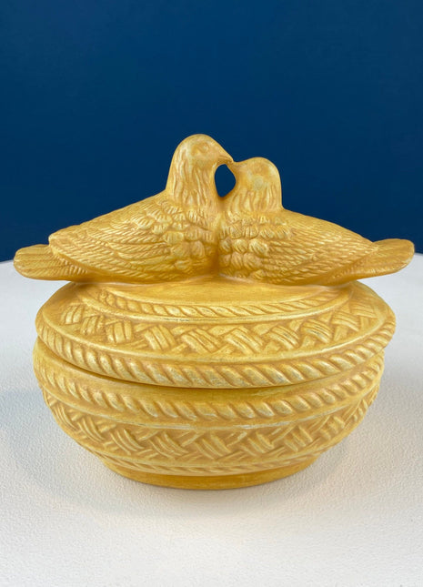 Buff Colored Ceramic Doves on Nest. Beige Kissing Birds on Basket. Dish with Pair of Love Birds. Trinket Storage Bowl or Serving Dish.