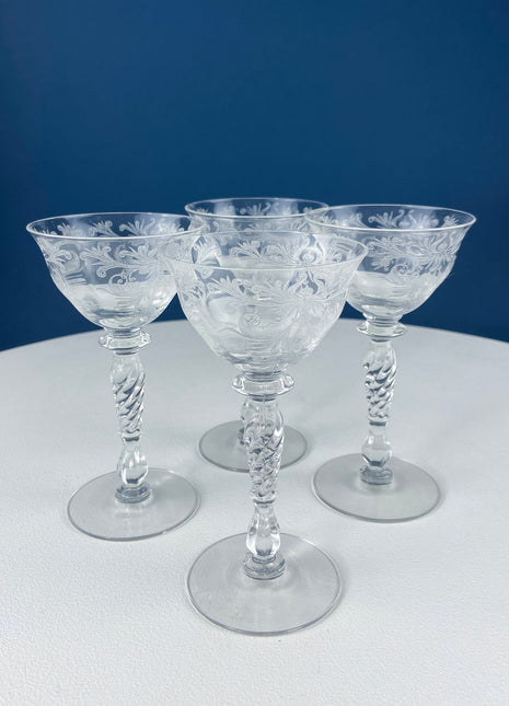 Tiffin Franciscan Sweet Wine Glasses. Set of Four Byzantine Etched Stemware. Floral Motif.
