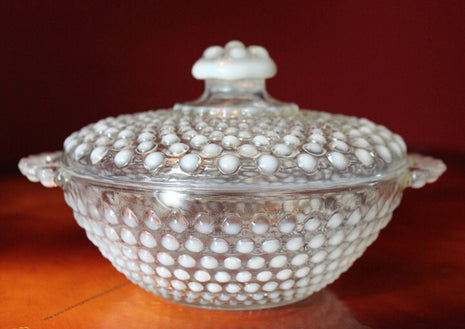 Anchor Hocking Moonstone Divided Bowl. Milk Glass and Clear Glass Hobnail Pattern Shallow Serving Bowl.