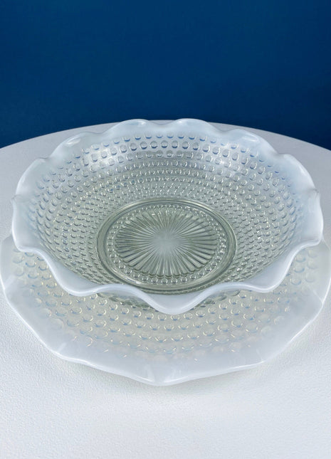 Vintage Moonstone Serving Set. Hobnail Large Bowl and Matching Plate. Salad or Fruit Bowl. Serving Platter. Modern Table Centerpiece.