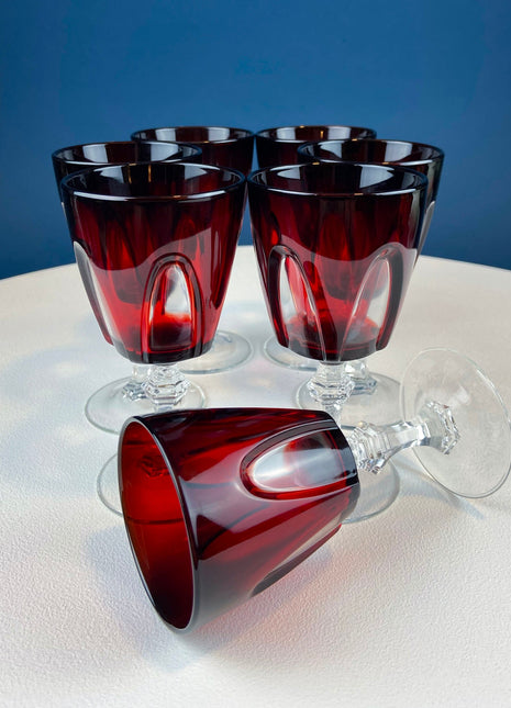 Vintage Red to Clear Sweet Wine/Cordial Glasses. Cristal D'arques Durand Gothic Set of Six Stemware. Gift for Dad. Dining and Serving.