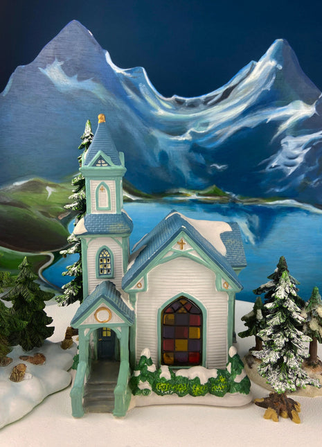 Christmas Village Cedar Valley Chapel Towne Series. Illuminated Blue Church with Stained Glass Window. Santa's Workbench. Night Light.