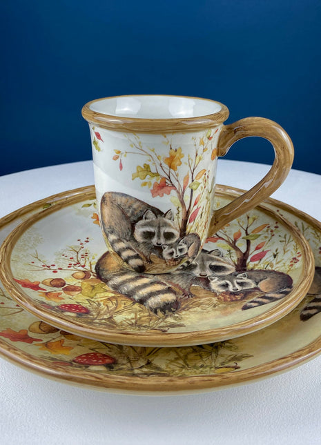 Cute Raccoon Dinner Set for One. Whimsical Plates and Mug. Kid at Heart or Grandparents' Gift for Grandkids. Fall Celebration. Cabin Decor.