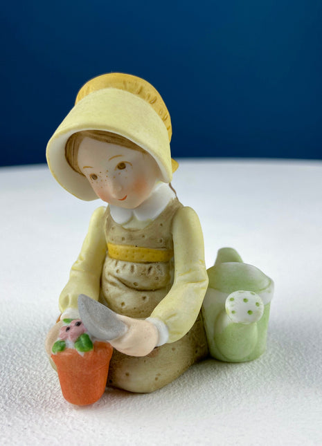Porcelain Figurine by Marks & Rosenfeld of Little Girl Planting Flowers. Paired with Porcelain Birds in Nest. Gift for Mom, Grandma, Partner
