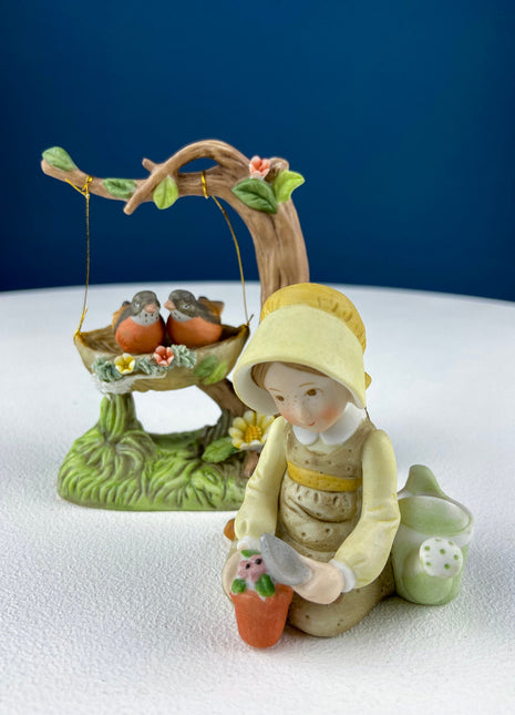 Porcelain Figurine by Marks & Rosenfeld of Little Girl Planting Flowers. Paired with Porcelain Birds in Nest. Gift for Mom, Grandma, Partner