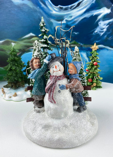 Christmas Village Accessories. Dressed Christmas Trees by Nikko, Korea. Girl Figurine by Lefton. Set of Two Trees and Little Girl.