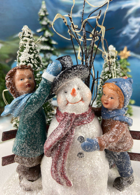 Christmas Village Accessories. Dressed Christmas Trees by Nikko, Korea. Girl Figurine by Lefton. Set of Two Trees and Little Girl.