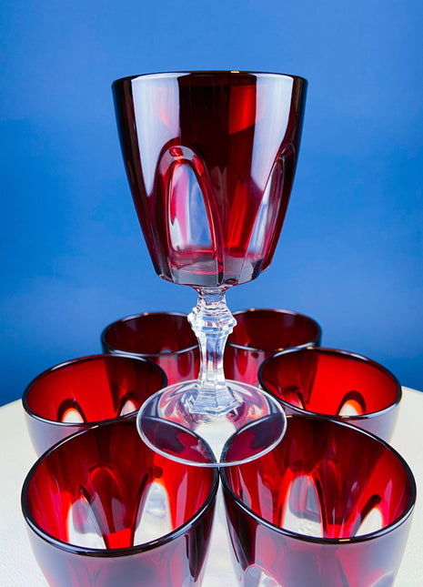 Vintage Red to Clear Sweet Wine/Cordial Glasses. Cristal D'arques Durand Gothic Set of Six Stemware. Gift for Dad. Dining and Serving.
