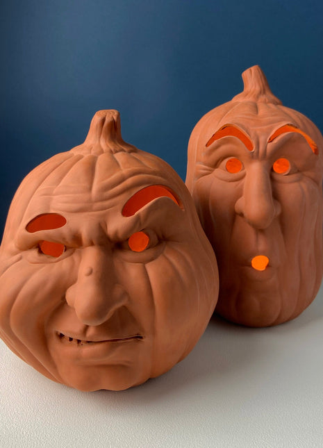 Set of Two Large Clay Pumpkins Making Scary Funny Faces. Candle or Light Kit. Halloween Thanksgiving Fall Decor. Home, Porch or Retail.
