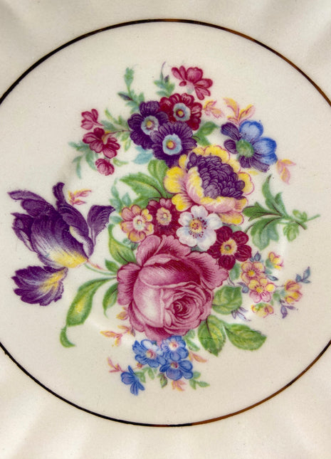 Salad Dessert Plate by Leigh Ware/Potters. Antique Plate with Floral Decor and 22-Karat Gold Rim. Made in USA 1920-1930.