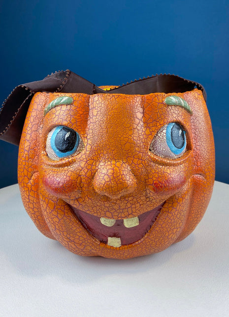Vintage Papier Mache Jack-O-Lantern. Large Pumpkin Basket. Cute Hand Painted Face. Crackle Paint. Ribbon Handle. Halloween Candy Give Away.