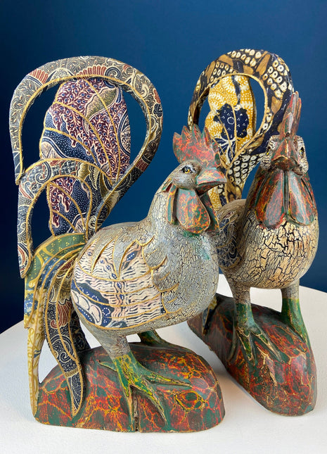 Set of 2 Wooden Hand Carved Rooster Figurines. Wood with Fabric Inlays & Gold Lines. Modern Farmhouse. Fall Decor. Table Centerpiece. Ethnic