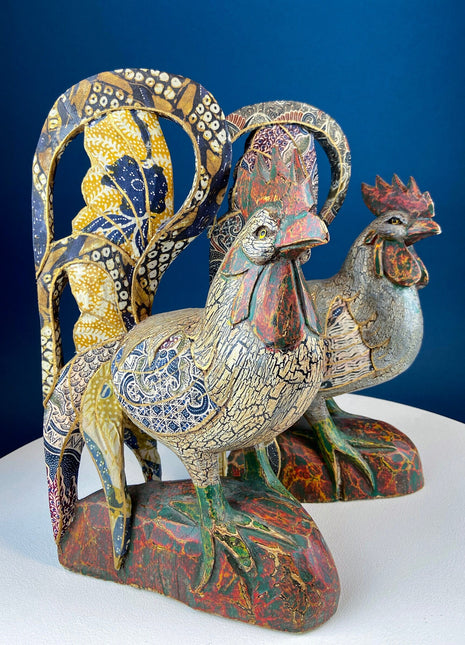 Set of 2 Wooden Hand Carved Rooster Figurines. Wood with Fabric Inlays & Gold Lines. Modern Farmhouse. Fall Decor. Table Centerpiece. Ethnic