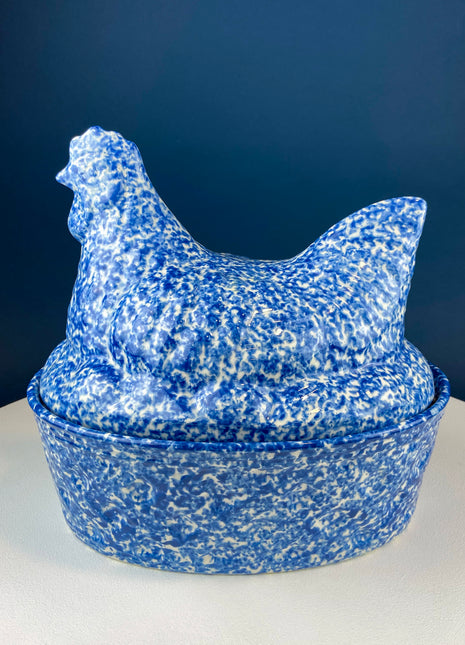 Blue and White Speckled Hen on Nest Stoneware Covered Dish. Large Serving Dish with Lid. Modern Farhouse. Rustic Home Decor and Cookware. .