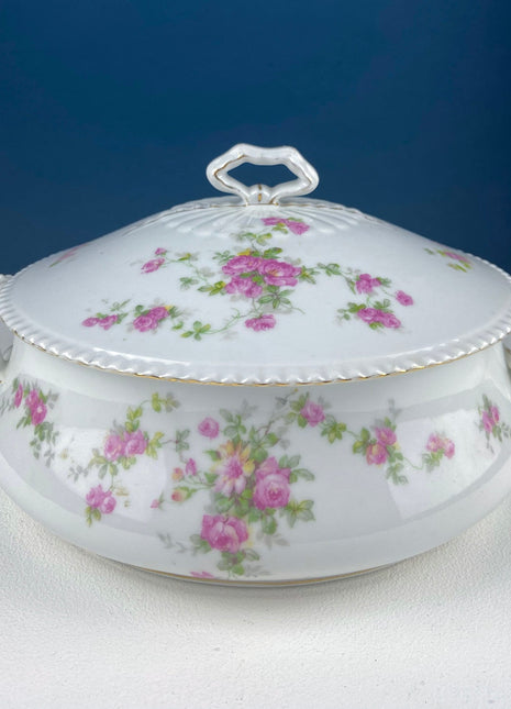 Antique Porcelain Tureen with Delicate Pink Roses. Bow Like Handles. Soup Serving Dish. Holiday Family Dining. Fine Table Setting.