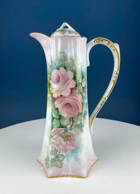 Very Tall, 11 Inch Antique Hand Painted Pitcher. Stunning Large Peach Roses. Flower Vase. Collectible Fine Bone China. Bohemian Chic.