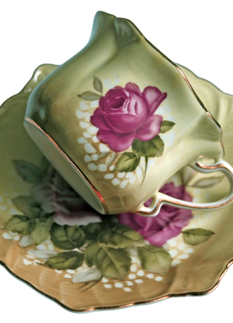 Porcelain Demitasse Cup and Saucer Set - Hand Painted Victorian Roses