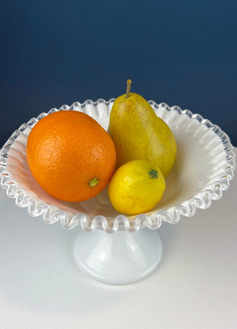 Fenton Milk Glass Footed Bowl with Silver Crest Ruffled Edge. Milk Glass Collectible Compote by Fenton.