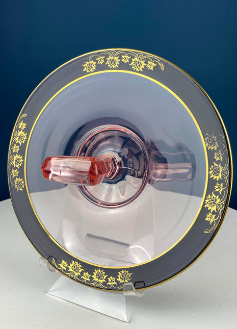 Antique Pink Glass Serving Plate with Center Handle & Black Rim. Delicate Gold Motif of Lotuses. Art Deco Cookies, Cupcakes, Sweets Platter.