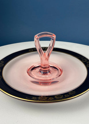 Antique Pink Glass Serving Plate with Center Handle and Black Rim. Delicate Gold Motif of Lotuses. Art Deco Cookie or Sweets Platter.