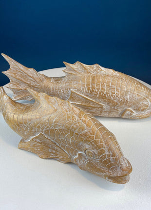 Large Whitewashed Wooden Koi Fish Figurines. Set of Two Fish Sculptures for Tropical Retreat, Second Vacation Home. Gift for Dad, Fisherman.