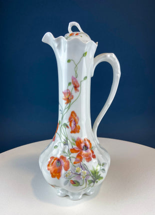Antique Limoges Coffee Pot or Chocolate Pot. Tall 12-Inch Stunning Vase. Hand Painted Red Poppies. Beautiful Silhouette. Bohemian Chic.