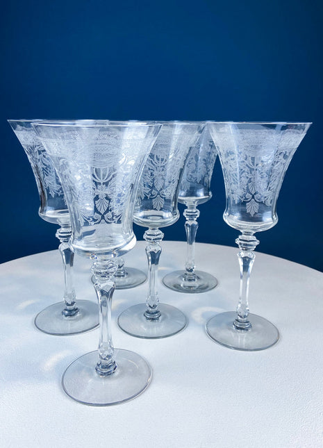 Vintage Mayfield by Tiffin Franciscan. Etched Poppies Crystal Water Wine Goblets. Set of 3 Etched Crystal. Stunning Art Nouveau Stemware.