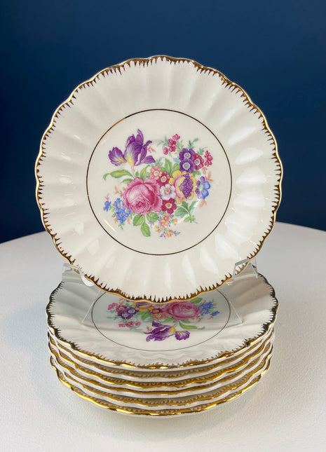 6" Salad Dessert Plate by Leigh Ware/Potters. Antique Plate with Floral Pattern & Gold Rim. Made in USA 1920-1930. Modern Farmhouse.