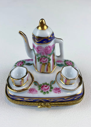 Tea Time Porcelain Limoges Box. Miniature Tea Setting, Tea/Coffee Pot & Cups with Floral Motif. Made in France. Highly Collectible.