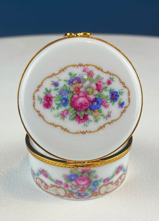 Limoges Porcelain Pill Trinket Box. Collectible Miniature Round Box with Hand Painted Bucket of Flowers. Made in France. Gift for Mom.