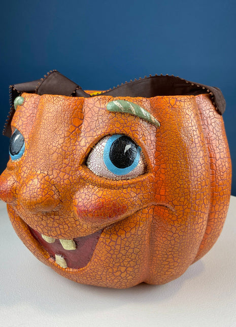 Vintage Papier Mache Jack-O-Lantern. Large Pumpkin Basket. Cute Hand Painted Face. Crackle Paint. Ribbon Handle. Halloween Candy Give Away.