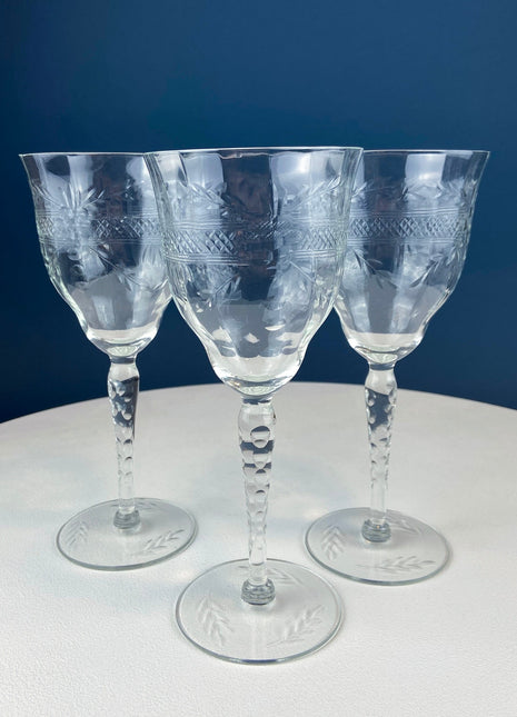 Vintage Wine or Water Goblets with Floral Cut Motif & Horizontal Band. Blown Glass Tall Stemware. Set of 8 Stemware. Unknown Manufacturer