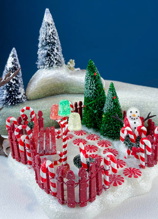 Peppermint Front Yard. Christmas Village Accessories by Department 56. Illuminated Gummy Tree and Two Pines. Snowman and Peppermint Path.