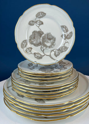 24 Piece Porcelain Dinner Set. Castleton Gloria. Beautiful Neutral Hand Painted Roses. 5 Dinner, Salad, Dessert Plates, Berry Bowls, 4 Cups.