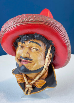 Vintage Bosson Like Chalkware Head of Pancho Villa. Life Like Caricature of Spanish Man in Red Sombrero. Ethnic Wall Hanging. Collect