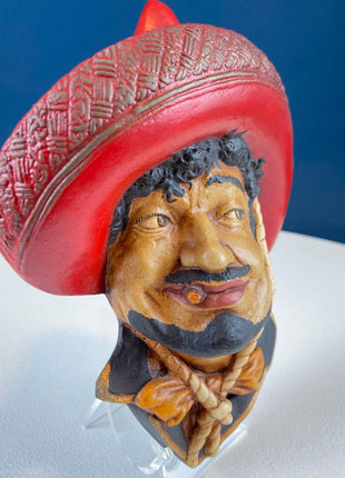 Vintage Bosson Like Chalkware Head of Pancho Villa. Life Like Caricature of Spanish Man in Red Sombrero. Ethnic Wall Hanging. Collect