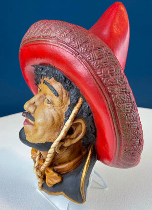 Vintage Bosson Like Chalkware Head of Pancho Villa. Life Like Caricature of Spanish Man in Red Sombrero. Ethnic Wall Hanging. Collect