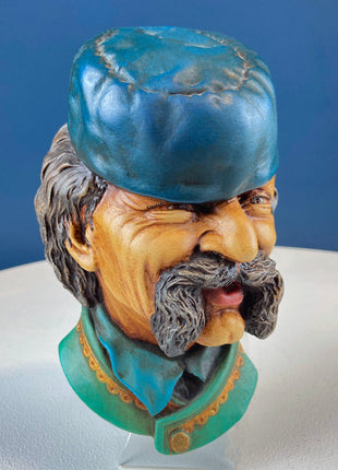 READY Vintage Chalkware Head of Montanegrin Man in Blue Hat. Life Like Caricature of Man in Mustache. Ethnic Wall Hanging. Collectibl