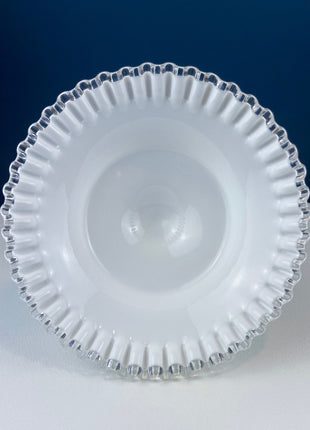 Fenton Milk Glass Footed Bowl with Silver Crest Ruffled Edge. Milk Glass Collectible Compote by Fenton.
