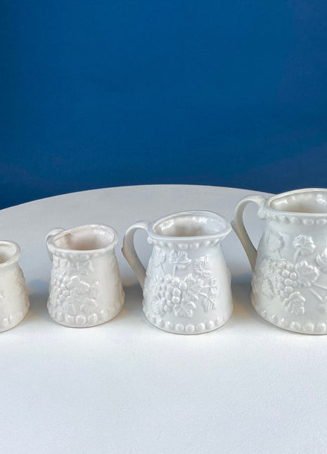 Vintage Ceramic Measuring Cups. Set of 4, White with 3-D Grapes & Vines. Small Pitchers: 1, 1/2, 1/4 and 1/8 Cups. Dining Kitchen Decor.