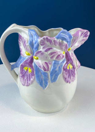 Ceramic Pitcher Jug with 3-D Orchids or Irises. Flower Vase with Floral Motif. White and Pastels. Table Centerpiece. Dining Room Decor.