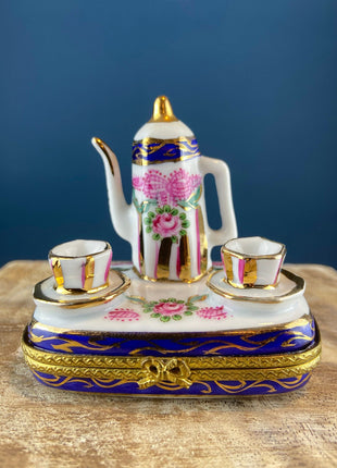 Tea Time Porcelain Limoges Box. Miniature Tea Setting, Tea/Coffee Pot & Cups with Floral Motif. Made in France. Highly Collectible.