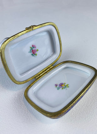 Tea Time Porcelain Limoges Box. Miniature Tea Setting, Tea/Coffee Pot & Cups with Floral Motif. Made in France. Highly Collectible.