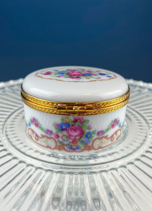 Limoges Porcelain Pill Trinket Box. Collectible Miniature Round Box with Hand Painted Bucket of Flowers. Made in France. Gift for Mom.
