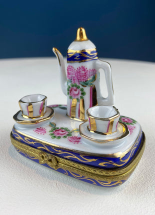 Tea Time Porcelain Limoges Box. Miniature Tea Setting, Tea/Coffee Pot & Cups with Floral Motif. Made in France. Highly Collectible.