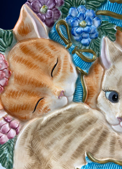 Plate with 3 Dimensional Cats & Flowers by Fitz and Floyd. Kitten Kaboodle. Cute Hand-Painted Serving Plate or Wall Handing. Wall Decor.