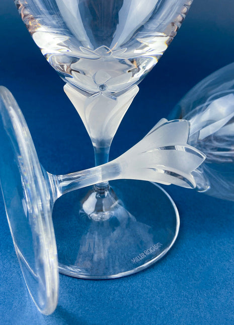 Laura by Rogaska Crystal Water/Iced Tea Goblets. Miller Rogaska Etched on each Glass. Frosted Flower Stem. Stunning Ping. Holiday Celeb.